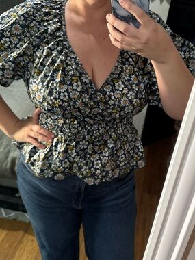 Floral V-Neck Peplum Blouse - Navy Floral